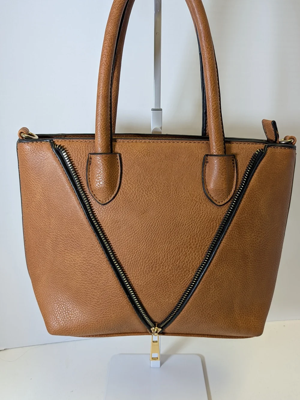 Pebbled Tan Satchel with V-Zip Detail